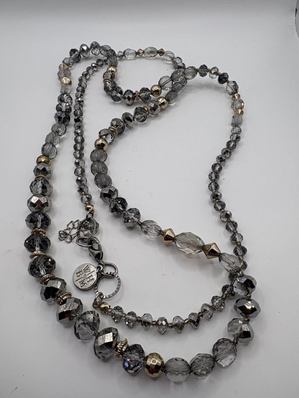 White House Black Market Gray and Gold Layered Faceted Bead Necklace - Picture 3 of 6